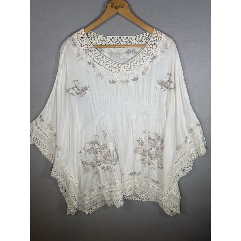 Anthropologie Monoreno Blouse White Small Boho Embroidered Lace Cross-stitch